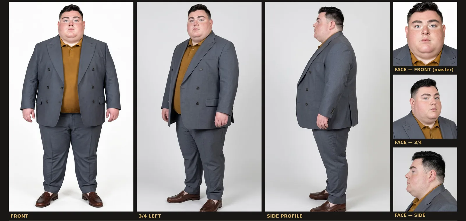 Desmond Fairweather character reference sheet: front, side and back views