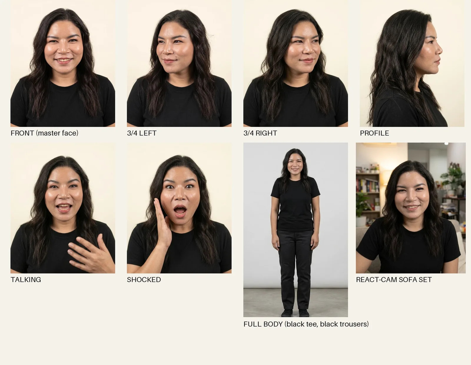 Koyly character reference sheet: front, side and back views