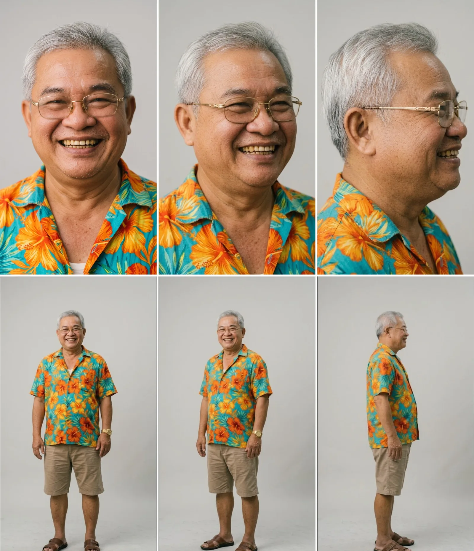 Uncle Somchai Deluxe character reference sheet: front, side and back views